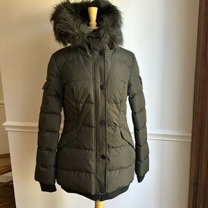 Noize Dark Green Puffer Coat with Faux Fur Trim